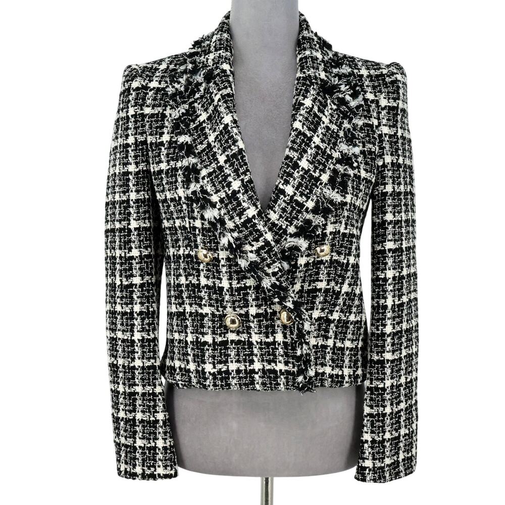 Zara Jacket Womens XS Black White Plaid Cotton Blend Lined Blazer Career